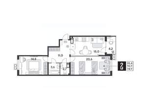 2-к квартира, строящийся дом, 75м2, 10/18 этаж