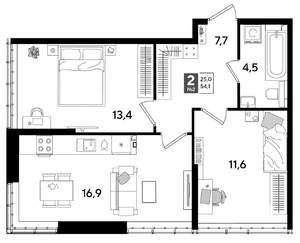 2-к квартира, строящийся дом, 54м2, 2/16 этаж