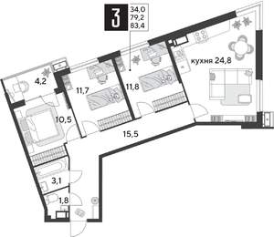 3-к квартира, строящийся дом, 83м2, 15/18 этаж