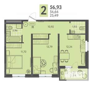 2-к квартира, вторичка, 57м2, 3/18 этаж