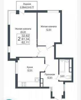 2-к квартира, вторичка, 62м2, 1/7 этаж