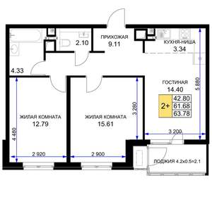 2-к квартира, вторичка, 64м2, 4/16 этаж