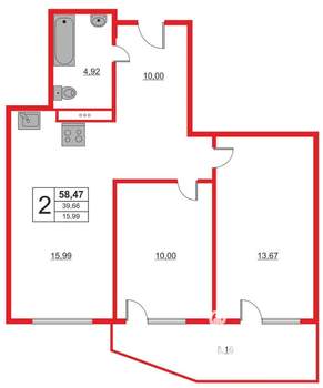 2-к квартира, вторичка, 58м2, 15/19 этаж