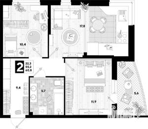 2-к квартира, строящийся дом, 61м2, 2/16 этаж