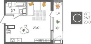 Студия квартира, вторичка, 32м2, 12/24 этаж