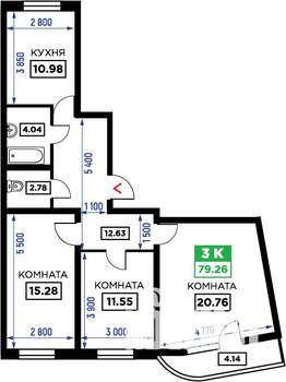 3-к квартира, вторичка, 79м2, 2/24 этаж