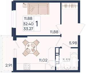 1-к квартира, вторичка, 33м2, 5/18 этаж