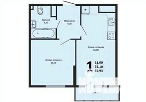 1-к квартира, вторичка, 38м2, 16/16 этаж