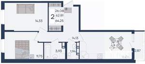 2-к квартира, вторичка, 64м2, 9/18 этаж