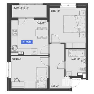 2-к квартира, строящийся дом, 45м2, 5/5 этаж
