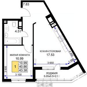1-к квартира, вторичка, 43м2, 10/18 этаж