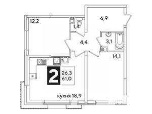 2-к квартира, вторичка, 61м2, 3/16 этаж