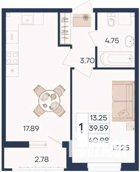1-к квартира, вторичка, 41м2, 2/18 этаж
