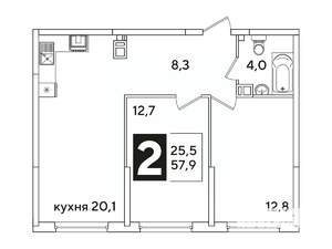 2-к квартира, вторичка, 58м2, 3/16 этаж