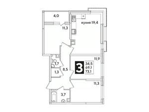 3-к квартира, вторичка, 73м2, 6/16 этаж