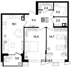 2-к квартира, строящийся дом, 70м2, 9/9 этаж