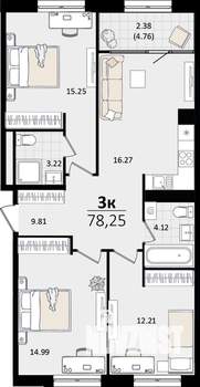 3-к квартира, строящийся дом, 76м2, 14/16 этаж