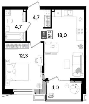 1-к квартира, строящийся дом, 44м2, 2/18 этаж