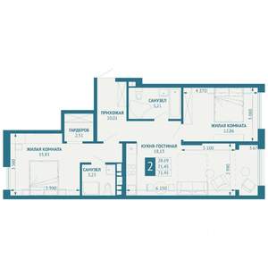 2-к квартира, строящийся дом, 71м2, 9/18 этаж