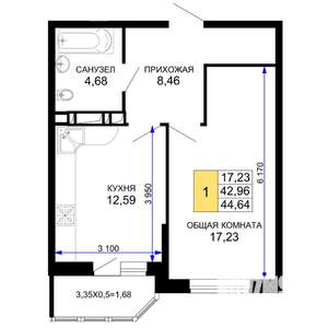 1-к квартира, вторичка, 45м2, 2/19 этаж