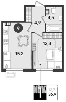 1-к квартира, строящийся дом, 37м2, 8/9 этаж