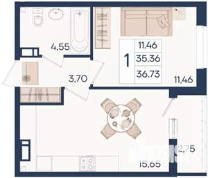 1-к квартира, вторичка, 37м2, 5/18 этаж