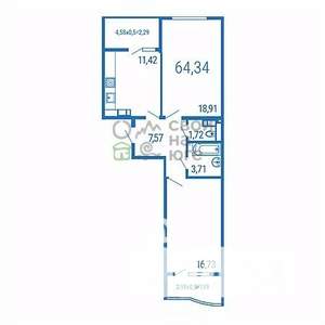 2-к квартира, вторичка, 64м2, 4/16 этаж