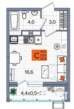 Студия квартира, сданный дом, 26м2, 2/16 этаж