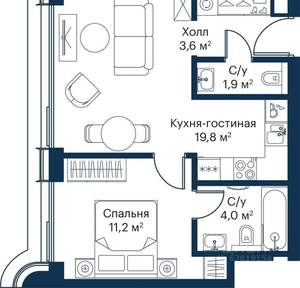 1-к квартира, вторичка, 41м2, 5/9 этаж