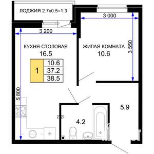 1-к квартира, строящийся дом, 39м2, 2/16 этаж