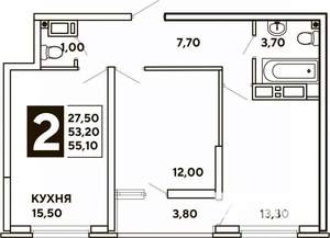 2-к квартира, вторичка, 53м2, 16/16 этаж