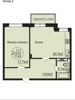 1-к квартира, вторичка, 56м2, 2/6 этаж