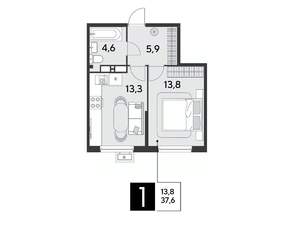 1-к квартира, строящийся дом, 38м2, 18/18 этаж