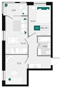 2-к квартира, вторичка, 55м2, 6/9 этаж