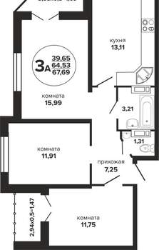 3-к квартира, вторичка, 68м2, 19/24 этаж