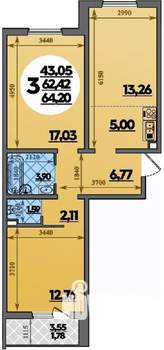 3-к квартира, строящийся дом, 64м2, 1/8 этаж