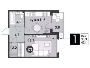 1-к квартира, вторичка, 42м2, 2/9 этаж