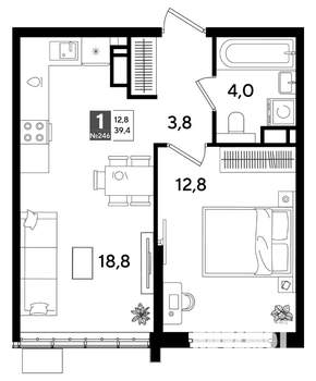 1-к квартира, строящийся дом, 39м2, 13/16 этаж