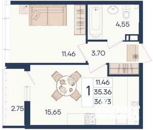 1-к квартира, вторичка, 37м2, 5/18 этаж