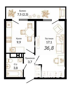 1-к квартира, вторичка, 37м2, 10/15 этаж