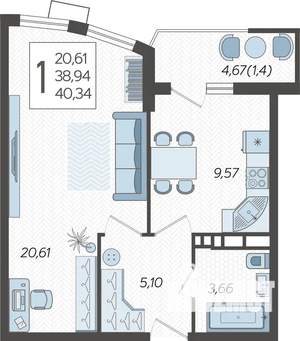 1-к квартира, вторичка, 40м2, 19/21 этаж
