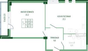 1-к квартира, вторичка, 59м2, 2/7 этаж