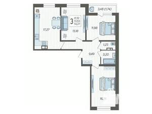 3-к квартира, вторичка, 74м2, 13/19 этаж