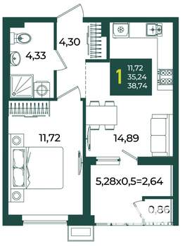 1-к квартира, вторичка, 39м2, 2/18 этаж