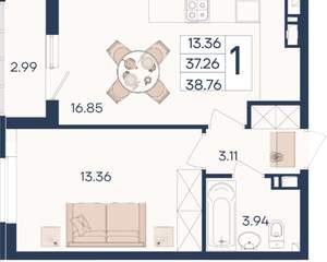1-к квартира, вторичка, 39м2, 5/18 этаж