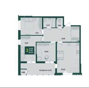 3-к квартира, вторичка, 82м2, 16/18 этаж
