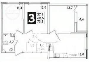 3-к квартира, вторичка, 74м2, 11/16 этаж
