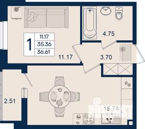 1-к квартира, вторичка, 37м2, 2/18 этаж