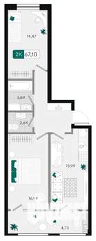 2-к квартира, вторичка, 67м2, 4/9 этаж