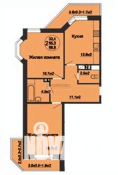 2-к квартира, вторичка, 70м2, 9/16 этаж